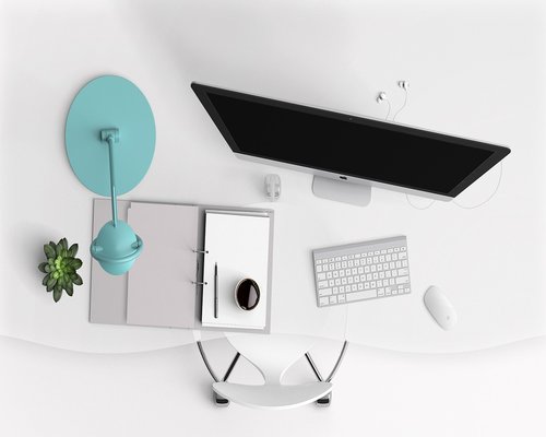 A neat modern office desk setup with plants