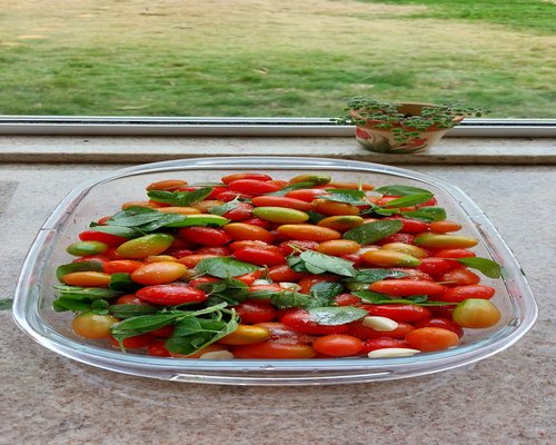 Glass food container filled with chickpeas, spinach and tomatoes